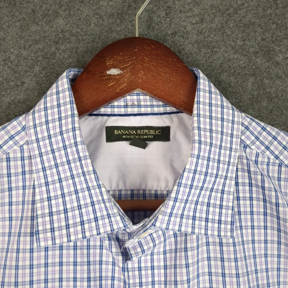 Banana Republic Mens Large Non-Iron Slim Fit Plaid Button Down Shirt Blue Purple